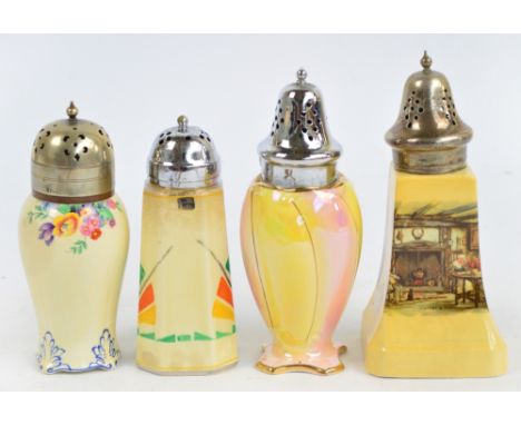 Four ceramic sugar shakers; Royal Winton, Royal Venton Ware x 2, and Lancasters Ltd, one painted with Art Deco design, two tr