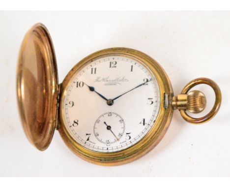 A gold plated hunter cased crown wind pocket watch, the circular white enamel dial set with Arabic numerals and subsidiary se
