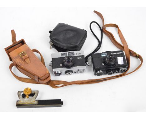 A Rollei 35 LED camera with Rollei lens, another cased Rollei B35 camera with Carl Zeiss lens, and a portable leather cased A