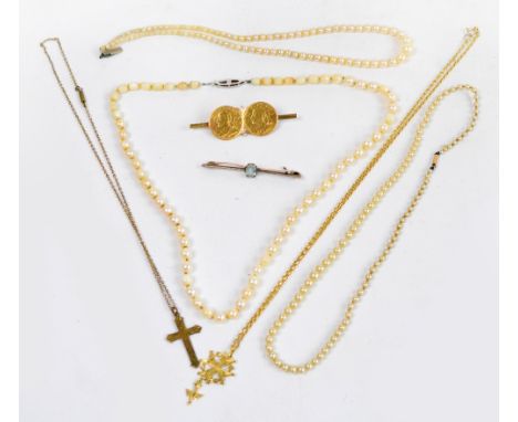 Two Swiss 1914 gold coins now mounted as a bar brooch, a 9ct gold fine link chain with pendant, three simulated pearl necklac