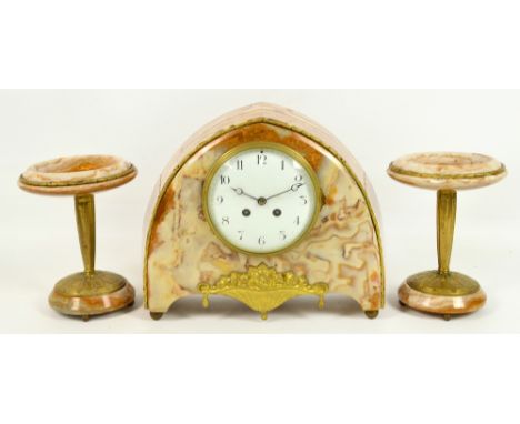 An early 20th century marble and gilt metal eight day clock garniture, the circular white enamel dial set with Arabic numeral