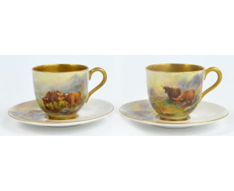 A pair of Royal Worcester hand painted cabinet cups and saucers decorated with Highland cattle in a landscape, signed "H. Sti