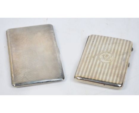 A George V hallmarked silver cigarette case with engine turned decoration and monogrammed circular cartouche, Joseph Gloster 