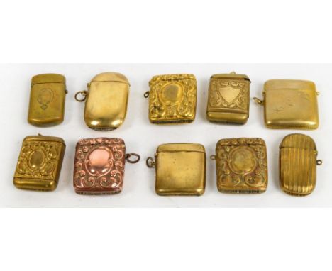 Ten various vesta cases including an 18ct gold plated example with turquoise cabochon button and engraved with initials "A.C.