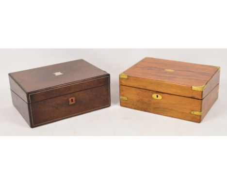 A Victorian rosewood writing slope with mother of pearl inlaid cartouche, also a Victorian walnut and brass bound writing slo
