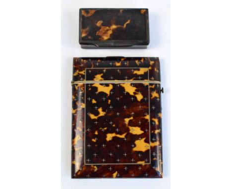 A 19th century tortoiseshell card case with metal stud decoration, 10.5 x 8cm (af), and a 19th century horn and tortoiseshell