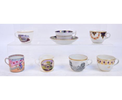 A quantity of early 19th century Newhall porcelain comprising two coffee cans, five cups and a saucer, two bat printed one wi