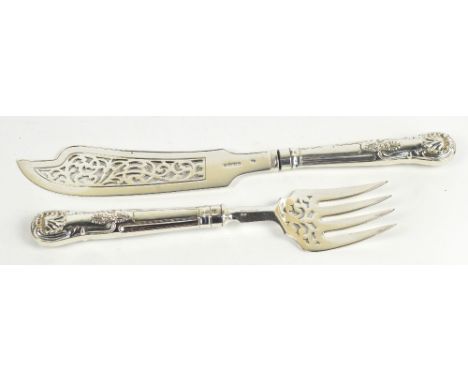 A pair of Victorian hallmarked silver bladed and sheath handled King's pattern fish servers with pierced blades, Chawner & Co