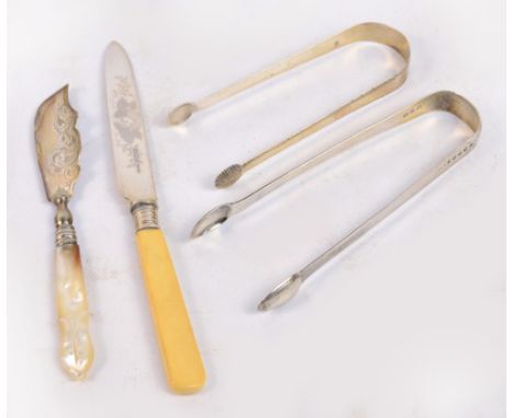 A pair of George III silver sugar tongs, John Bridge (no date letter), a further pair of George III hallmarked silver sugar t