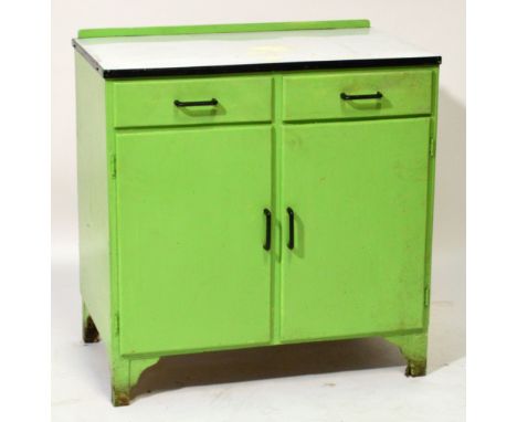 A white painted and enamel topped side cabinet with two drawers above two cupboard doors, width 86cm.