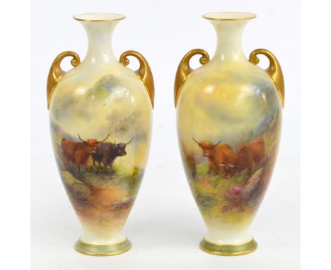 A pair of Royal Worcester twin handled baluster vases, each hand painted with Highland cattle in landscapes signed "H. Stinto