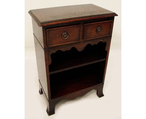 A reproduction mahogany bedside cabinet with two frieze drawers above shelf and raised on bracket feet, width 48cm.