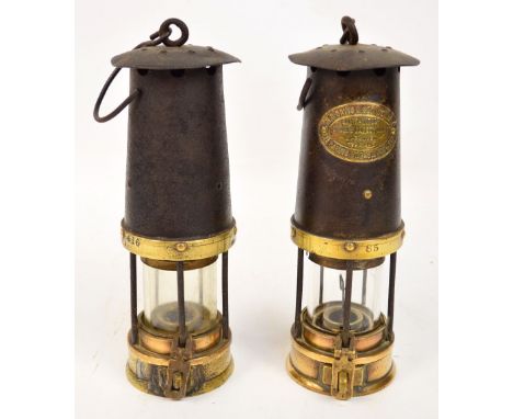 Two vintage miners lamps, one bearing oval plaque inscribed "John Davis & Son (Derby), Davis-Kirkby Miners Safety Lamp Approv