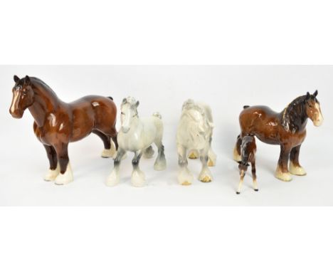 A Beswick model of a brown foal, a large Beswick model of "Burnham Beauty", without tack, in brown, a smaller Beswick model o