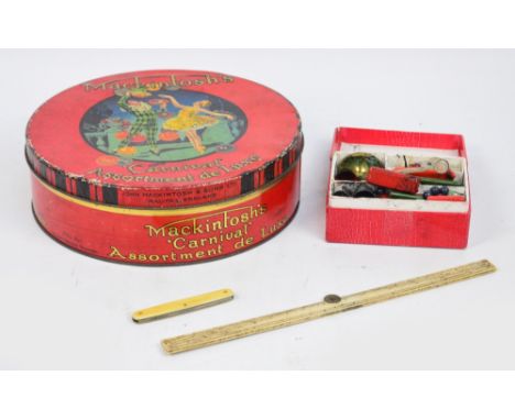 A boxed sealing wax set complete with wax heating spoon, seals, etc, a bone folding rule, and a pocket knife contained in a M