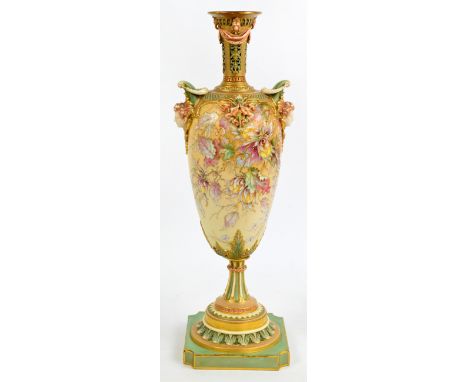A large Royal Worcester "Cricklite" lamp base, the neck with threaded interior for lamp section, above pierced collar adorned