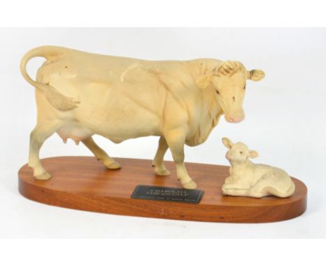 A Beswick connoisseur model of matt Charolais cow and calf, on oval wooden plinth. CONDITION REPORT: Appears good with no obv