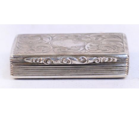 An early Victorian hallmarked silver snuff box of rounded rectangular form with foliate scroll engraved decoration and vacant