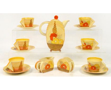 A 1930's Clarice Cliff "Capri" pattern bon jour shaped coffee set comprising coffee pot, jug, sugar bowl and six cups with fi