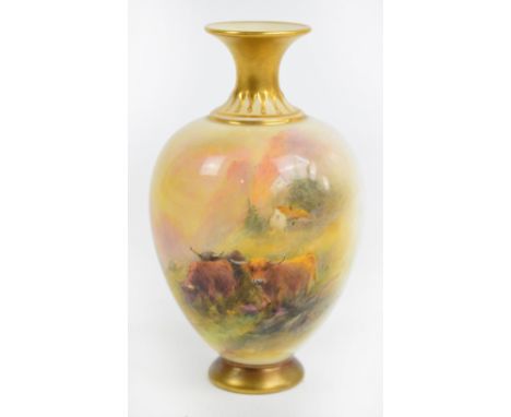 A Royal Worcester ovoid vase with gilt heightened flared rim above main body decorated with Highland cattle in a landscape wi