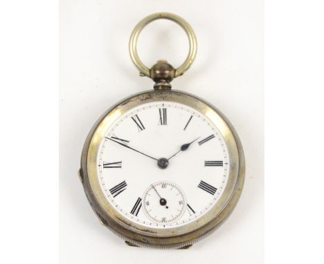 An early 20th century silver cased open face key wind pocket watch with circular white enamel dial set with Roman numerals an