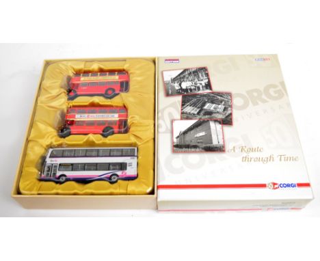 A modern boxed set of three Corgi diecast buses commemorating Corgi's 50th anniversary, comprising the Daimler CVG6/Roe from 