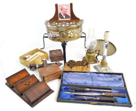 A mixed lot of collectables to include a brass oil lamp, a brass oval tray, a sighting scope, two treen boxes, a printing blo