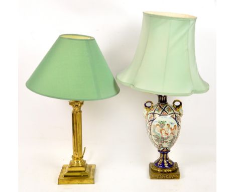 A decorative porcelain table lamp and a brass table lamp (2).