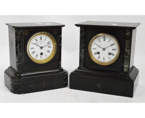 A late 19th century French black slate mantel clock with circular white enamel dial set with Roman numerals and inscribed "Wa