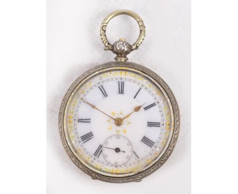 A Continental 800 grade silver open faced fob watch with white enamel dial set with Roman numerals and subsidiary seconds han