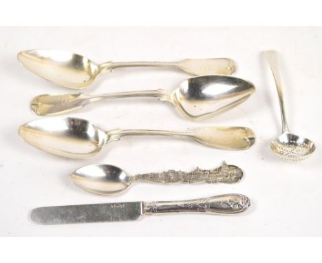 Three early 19th century fiddle pattern table spoons, marks rubbed, a sterling silver American teaspoon decorated with views 