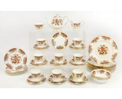 A quantity of Colclough dinner and tea ware in "Royale" pattern comprising a teapot, jug and bowl, eight cups and saucers, ni