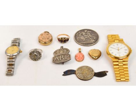 A mixed lot of jewellery and watches including a 9ct gold ring, two oval engraved lockets, a heart shaped locket, a silver A.