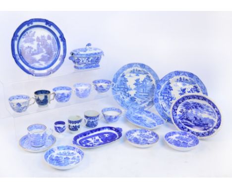 A quantity of 19th century and later blue and white ceramics to include a tureen, seven cups, plates, etc.