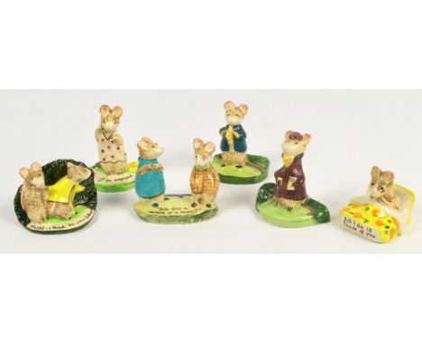 Six Beswick "Kitty MacBride" mouse figures; 2532 "Strained Relations", 2566 "Guilty Sweethearts", 2528 "The Race Goer", 2531 