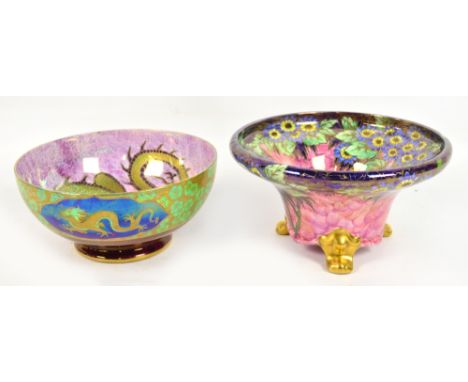 A Maling "Daisy" posy bowl, pattern 6154, with pink insert, polychrome floral decoration on a pink fish scale ground, diamete