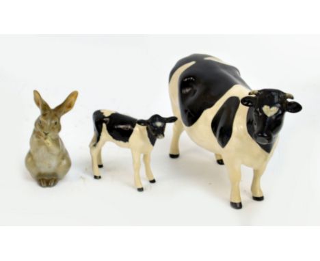 Two Beswick models of a cow and a calf; Friesian Cow CH. "Claybury Leegwater", model no.1362A and a Royal Copenhagen figure o