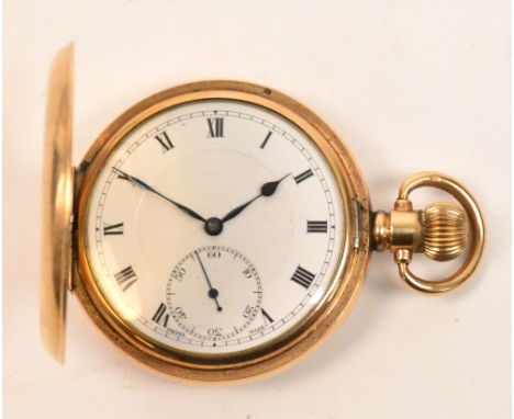 ROLEX; a gold plated full hunter crown wind pocket watch, the outer case engraved with initials opening to reveal a white ena