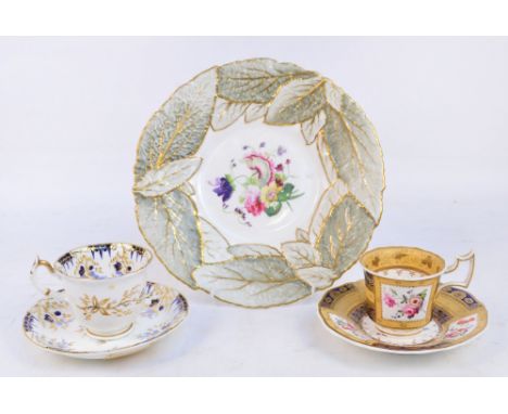 A small collection of 19th century Rockingham porcelain comprising a leaf moulded hand painted plate decorated to the central