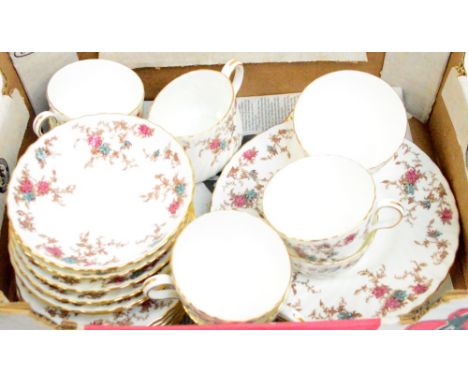 A quantity of Minton "Ancestral" teaware with over painted floral pattern, comprising a sandwich plate, a jug and bowl, six t