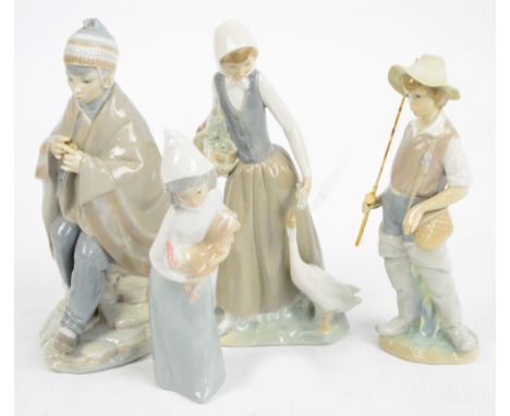 Two Lladro figures; a boy holding a fishing rod and a girl holding a rooster, also two Nao figures of a seated figure playing