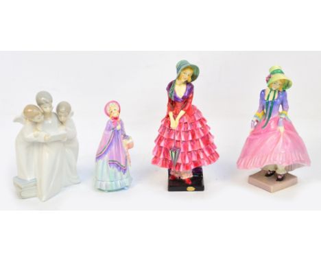 Three Doulton figures; HN1340 "Priscilla" (af), HN1449 "The LIttle Mistress" and HN4142 "Pantalettes", also a Nao group of th