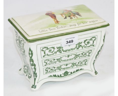 A Royal Doulton Nursery Rhymes series biscuit box for Huntley and Palmers, modelled as a French bombe commode, the lid with n