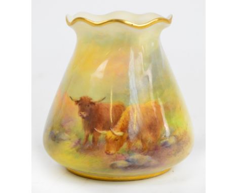 A Royal Worcester tapering cylindrical vase with crimped neck, hand painted with Highland cattle in a landscape, signed "Stin