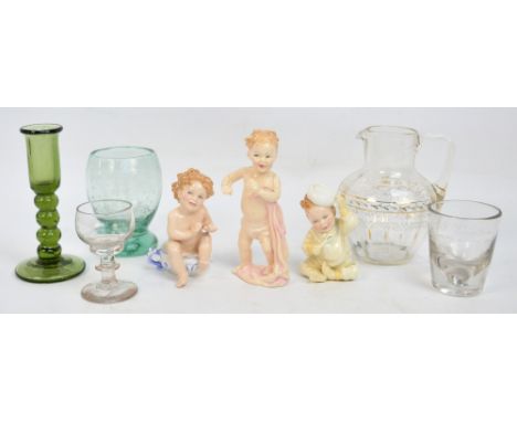 Three Royal Doulton figures; HN3361 "First Steps", HN3362 "Well Done" and HN3364 "What Fun", also five pieces of glass includ