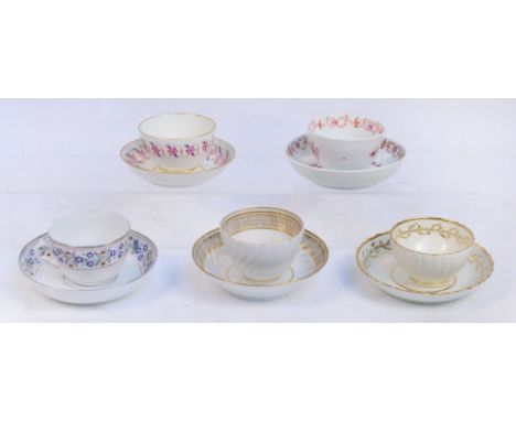 Three 18th century tea bowls and saucers, two Caughley with gilded bands, and an early 19th century porcelain teacup and sauc