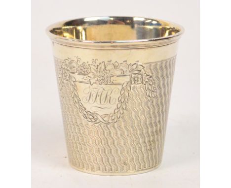 A mid 20th century Dutch silver christening beaker with overall engine turned decoration, centred with a shield shaped cartou