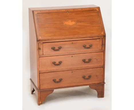 An Edwardian mahogany and satinwood inlaid bureau with three long drawers and bracket feet, width 77cm.