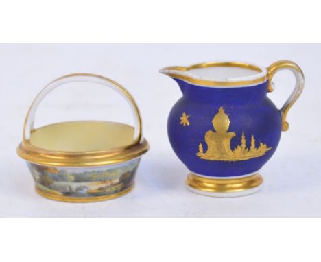 Two pieces of miniature Chamberlain's Worcester comprising a basket painted with a continuous landscape scene, diameter 5.5cm