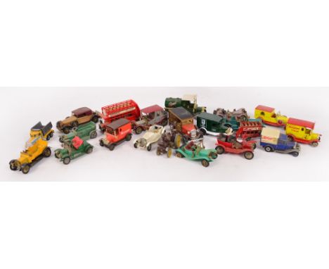 A quantity of 1950's and later play worn diecast model cars including Matchbox, Lesney, etc.